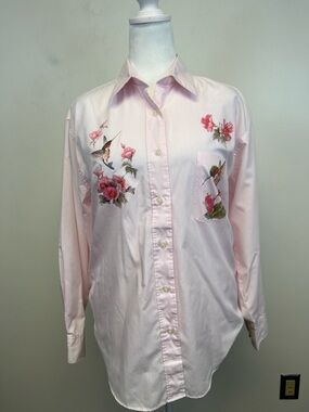 Get Lucky Pink and White Striped Button down blouse with Hummingbirds Size M